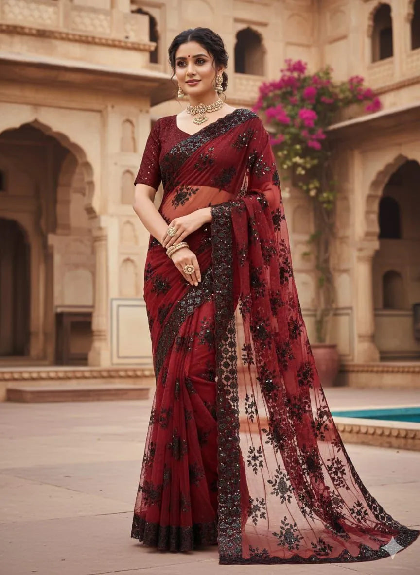 Pakistani Net Saree – Heavy Embroidered Soft Net Sequence Work Saree